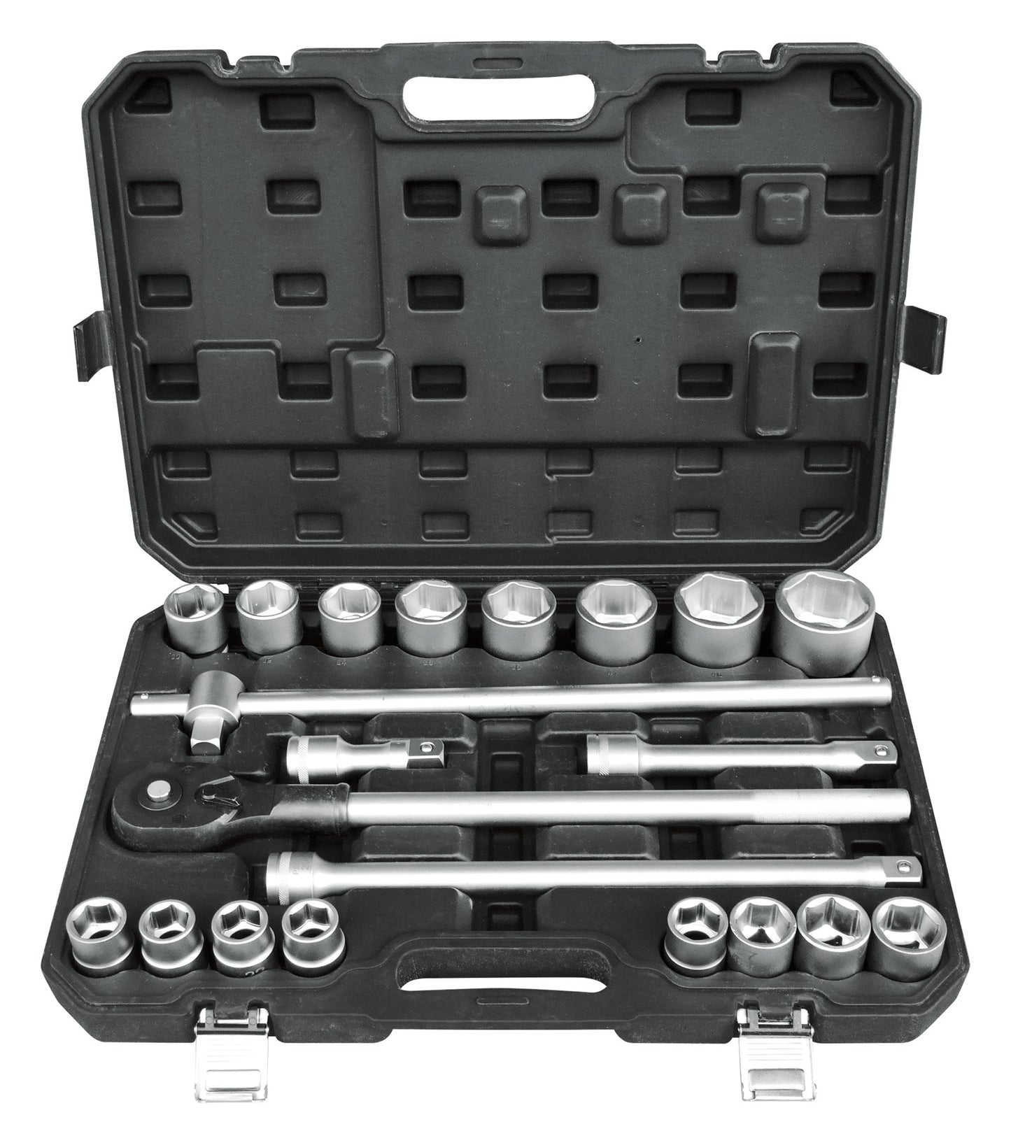 Socket wrench set in a black case on a white background
