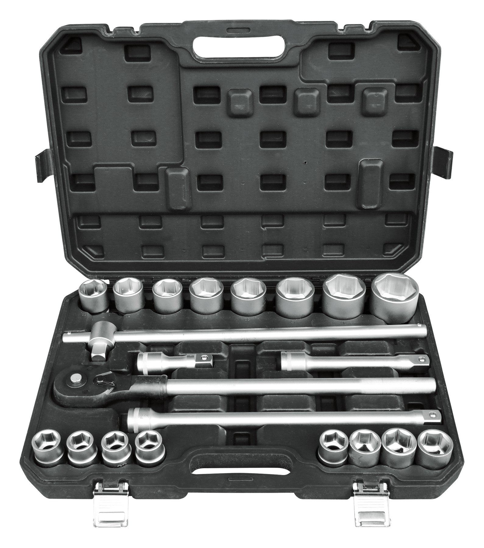 Socket wrench set in a black case on a white background