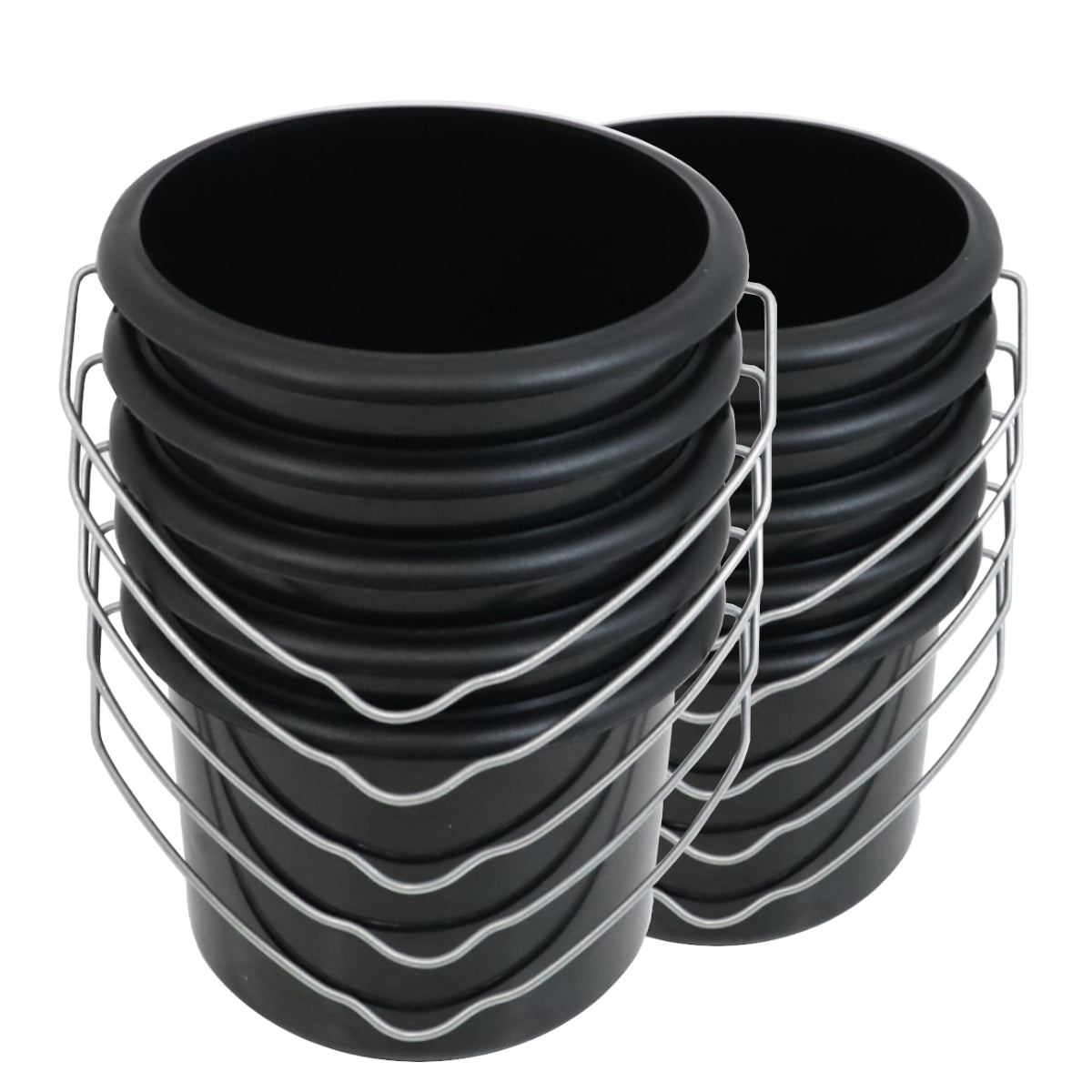 Stack of black buckets with metal stand on white background