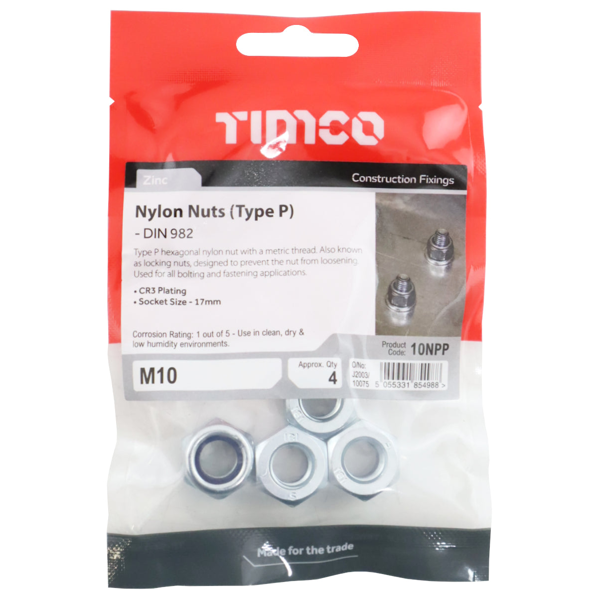 Timco M10 Nylon Locking Nuts (Type P) - Pack of 4