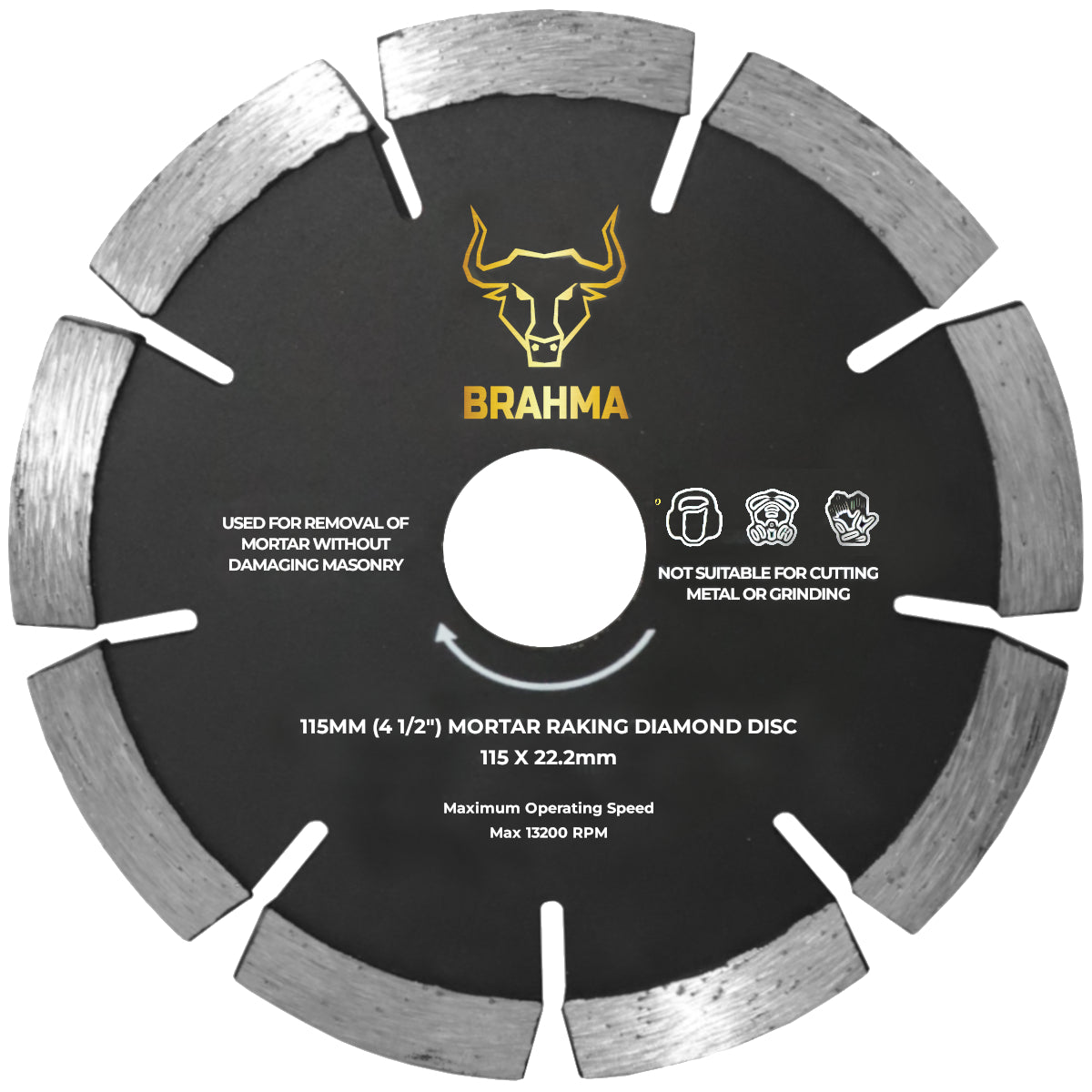 A silver-colored Brahma brand diamond mortar raking disc with black and gold detailing, used for removing mortar from brick and block work.