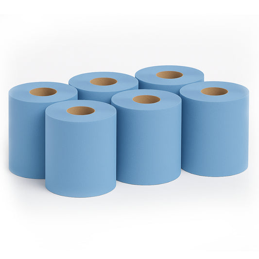Six blue paper towels rolls on a white background