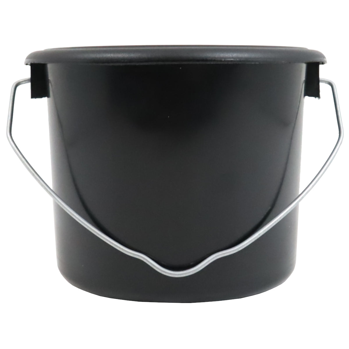 Black bucket with metal handles on a white background