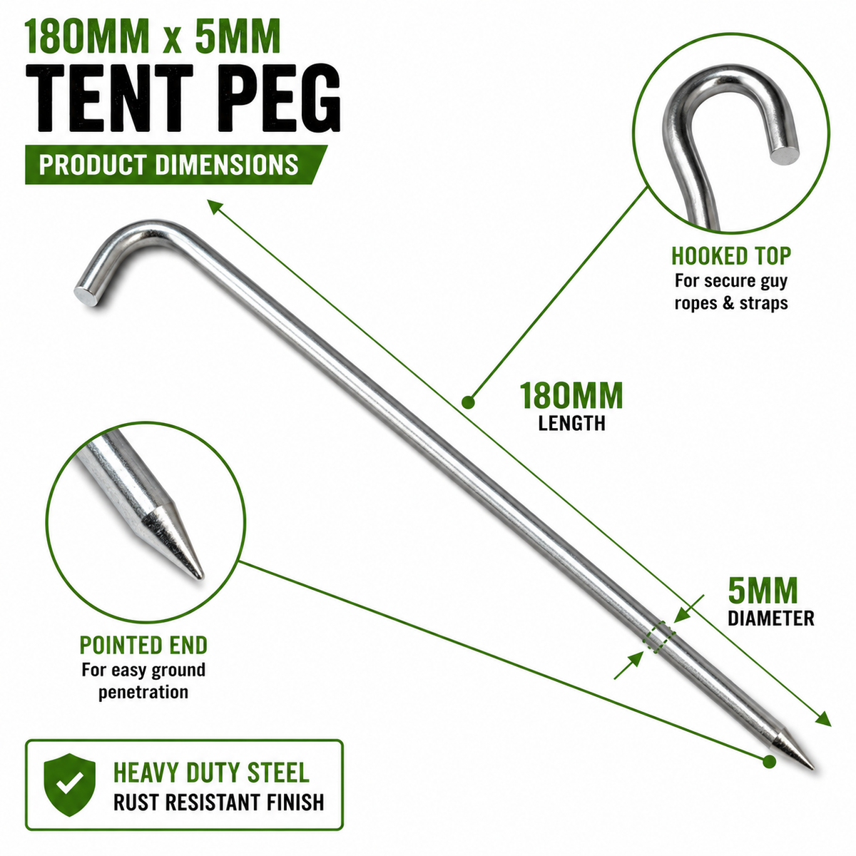 Metal Tent Pegs 180mm x 5mm – Pack of 10