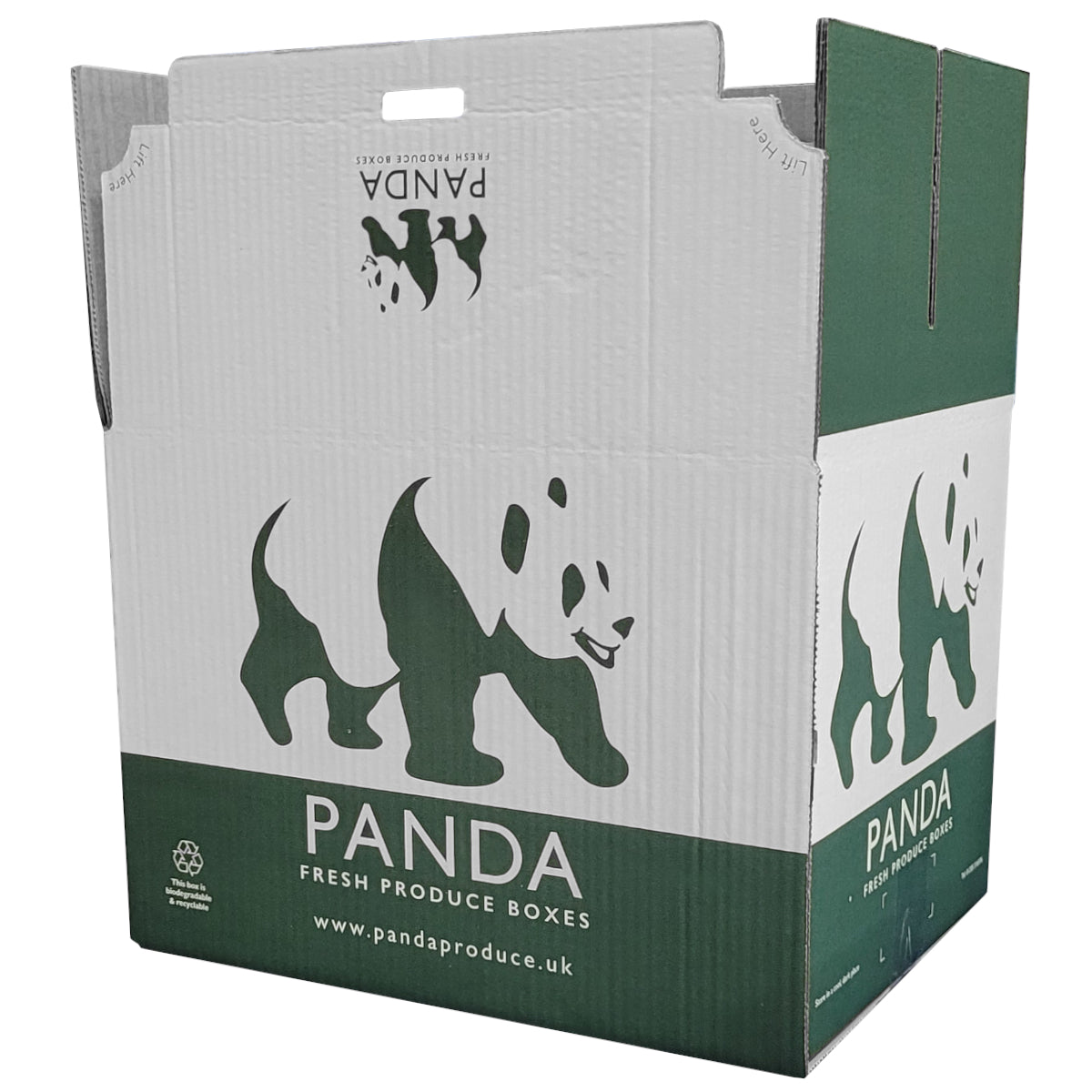 Panda-themed fresh produce boxes with branding on a white background