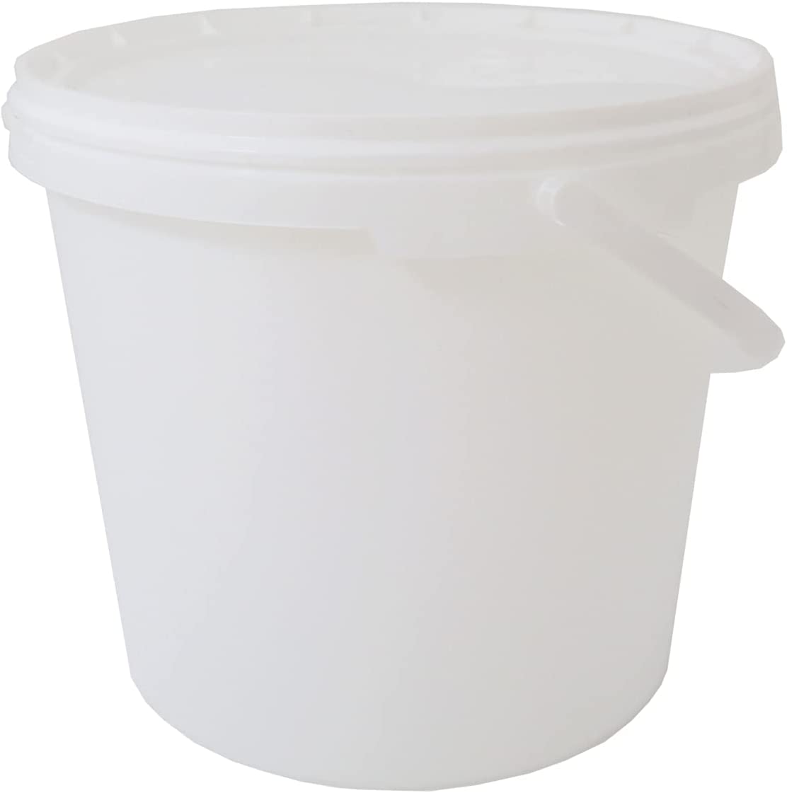 Three white food grade buckets with lids, two with handles visible