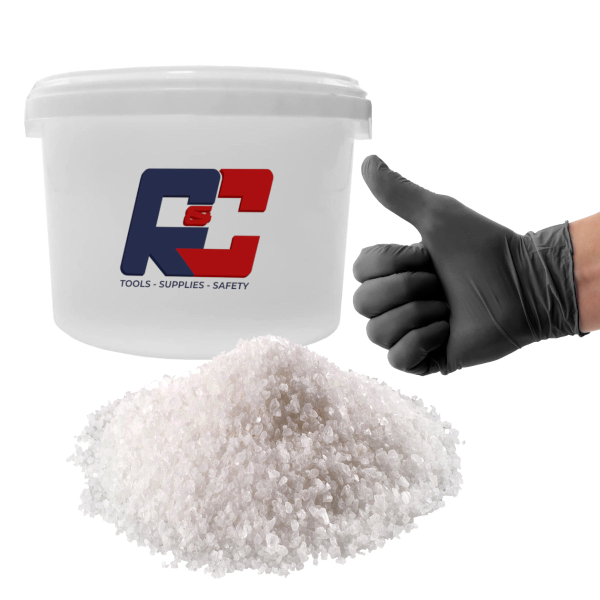 A 3kg bucket of white deicing salt with a logo on the lid, accompanied by a pair of black disposable gloves.