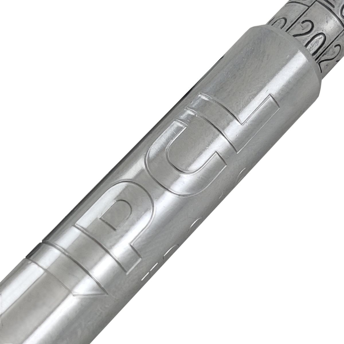 Close-up of a silver pen with 'Pacifica' branding on a white background