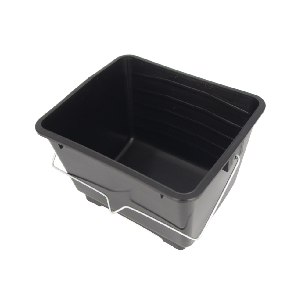 Black plastic bin with gray base on a white background