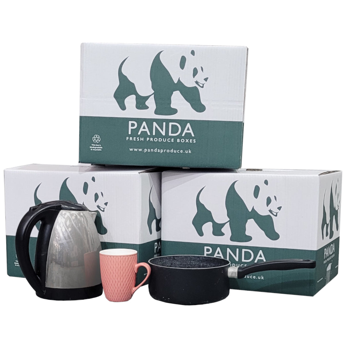 Panda Fresh Produce Boxes with a kettle, mug, and pan on a white background