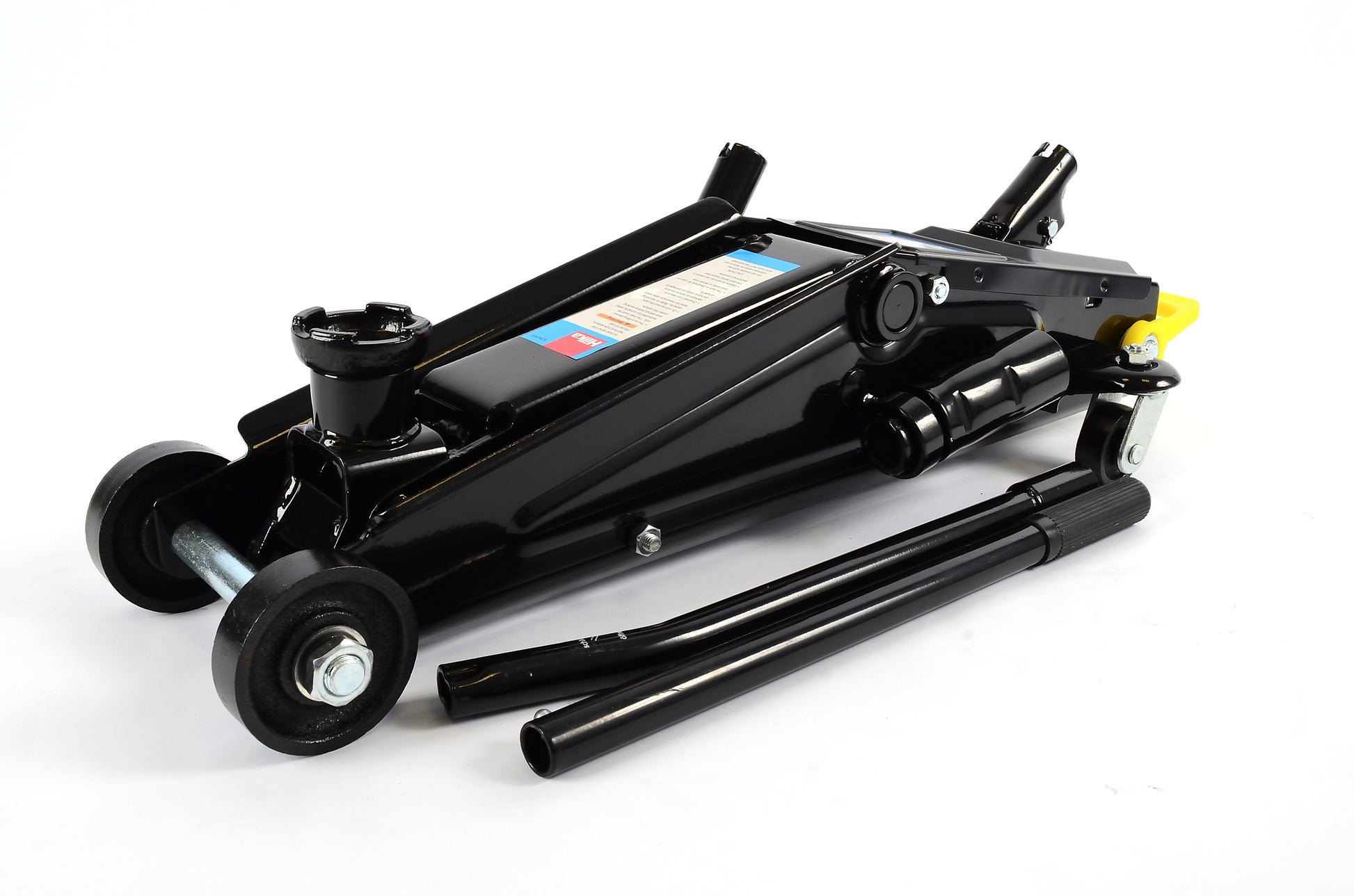 Black hydraulic floor jack on a white background