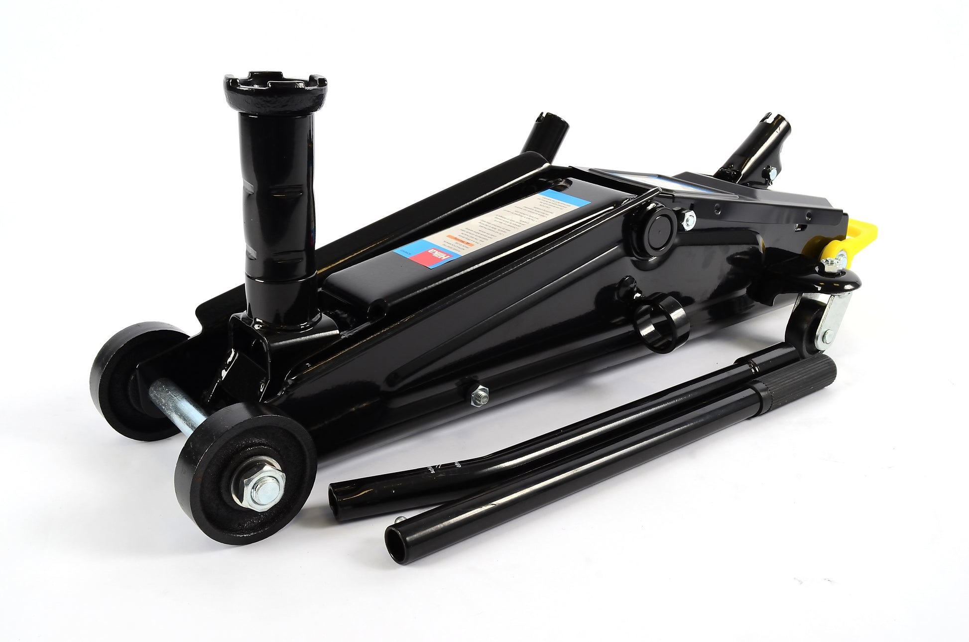 Black hydraulic floor jack on a white background