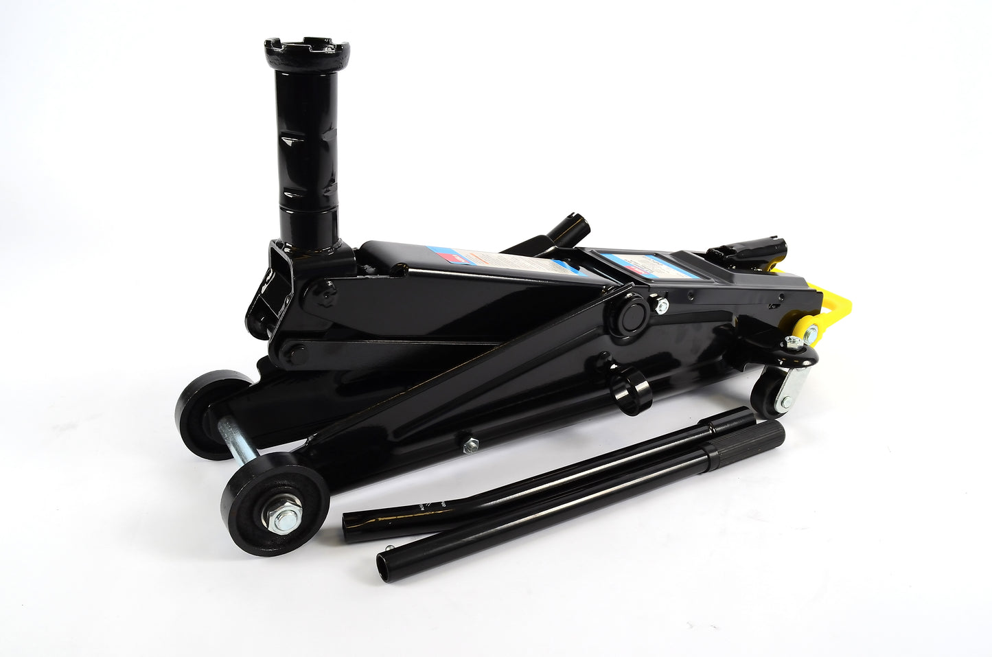 Black hydraulic floor jack on a white background