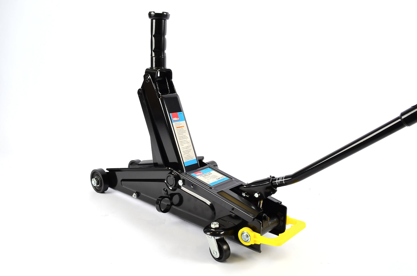 Black hydraulic floor jack on a white background