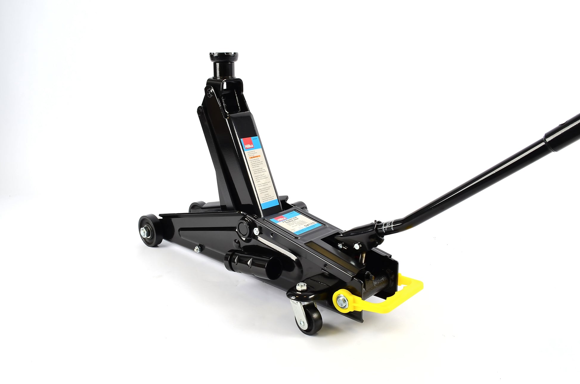 Black floor jack on a white background