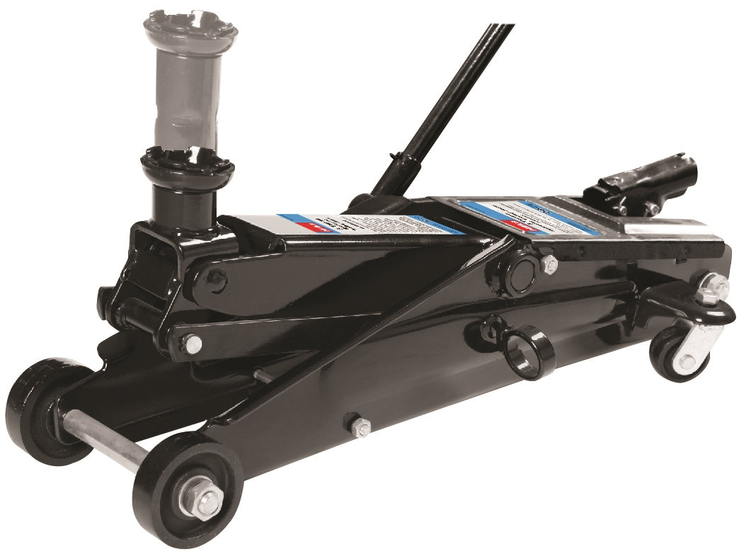 Black hydraulic floor jack on a white background