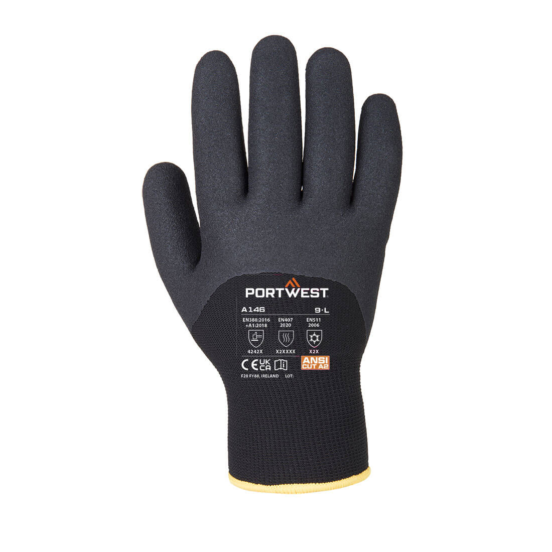 Black glove with Portwest branding on a white background