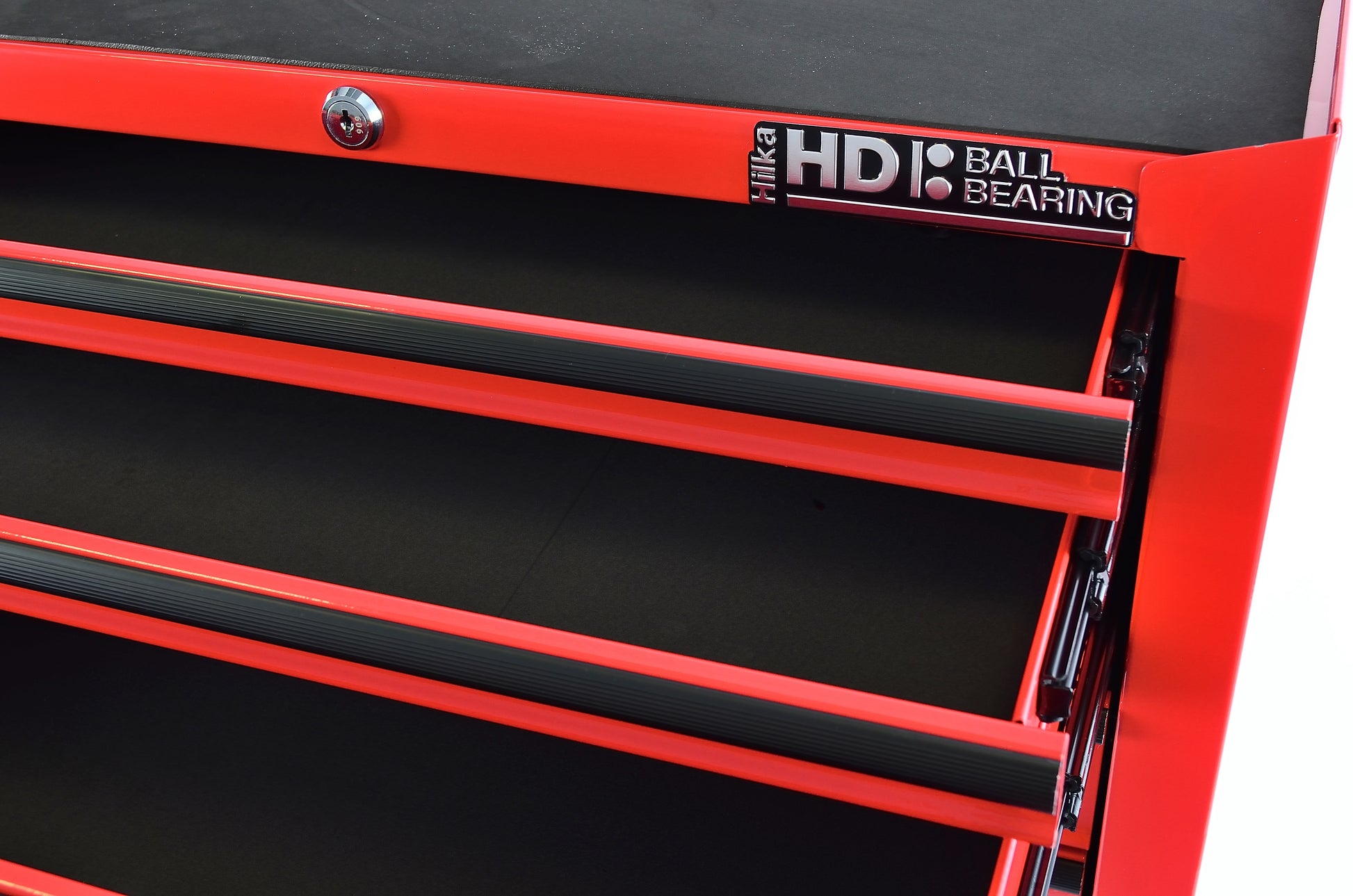 Red tool chest with black drawers and 'Hulka HD Ball Bearing' label.