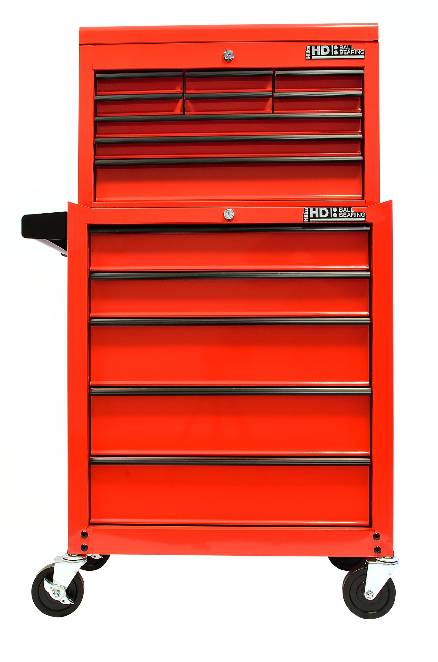 Red tool chest with multiple drawers on a white background