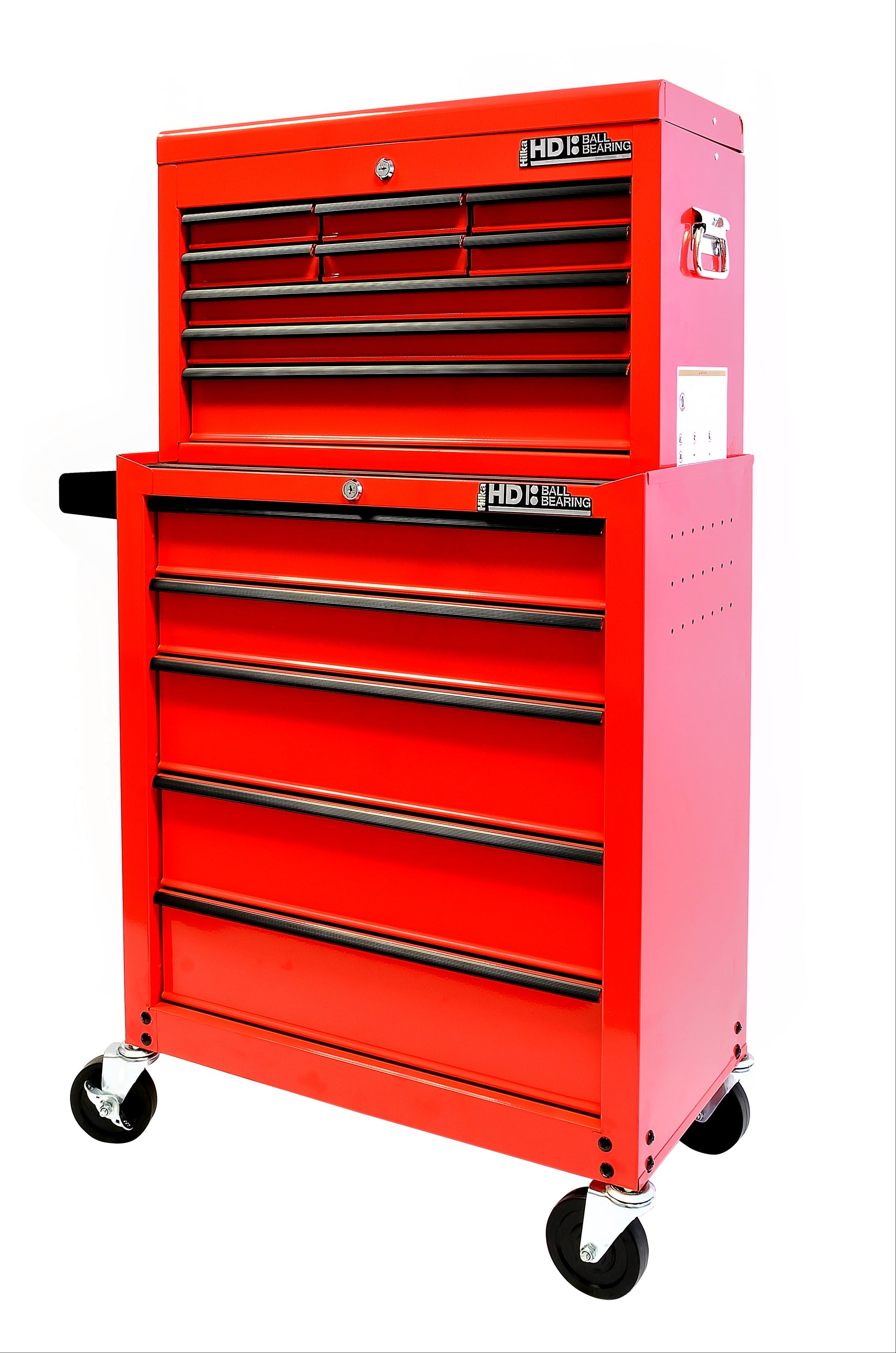 Red tool chest with multiple drawers on a white background