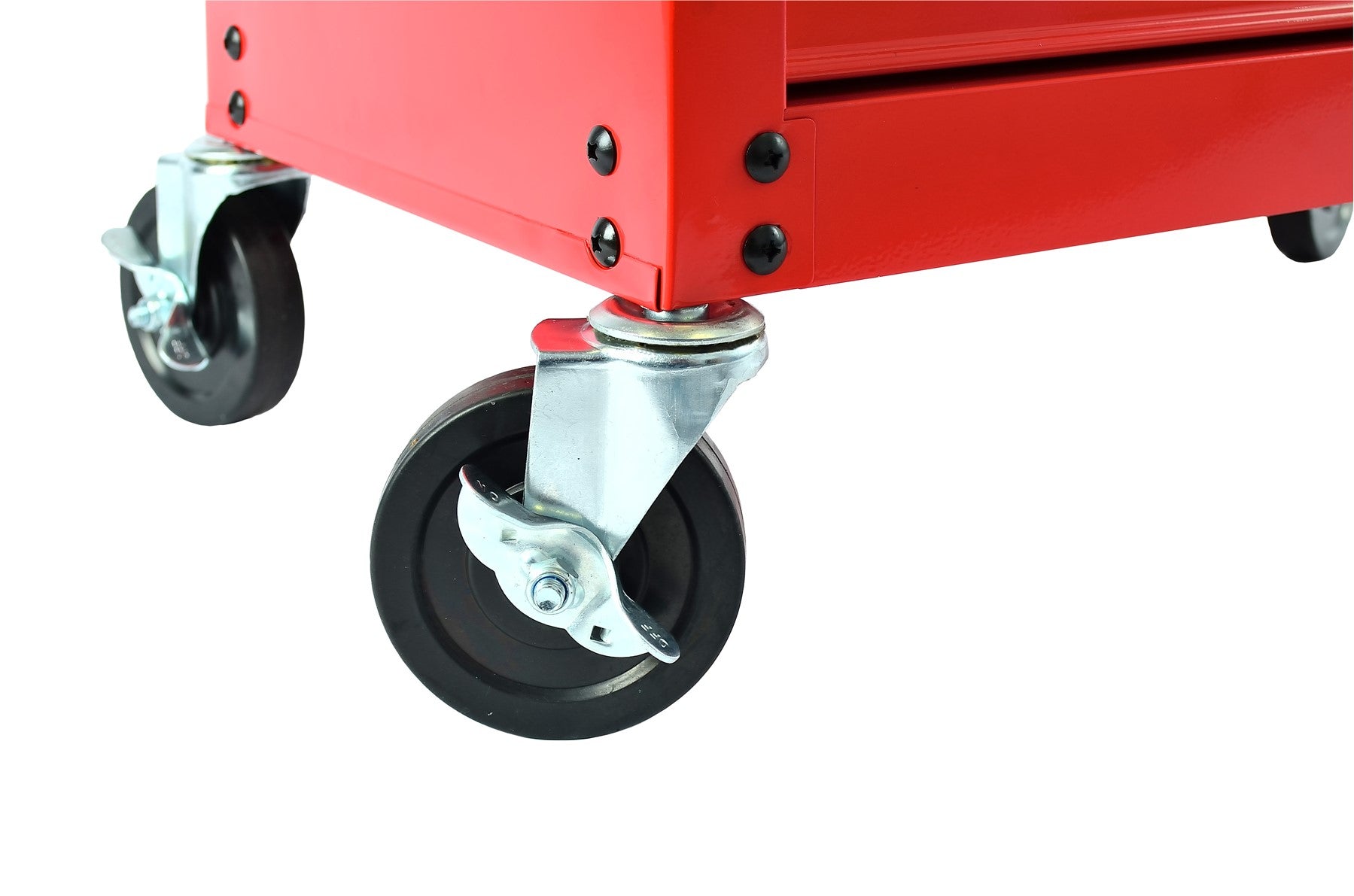 Close-up of red tool chest with wheels on a white background