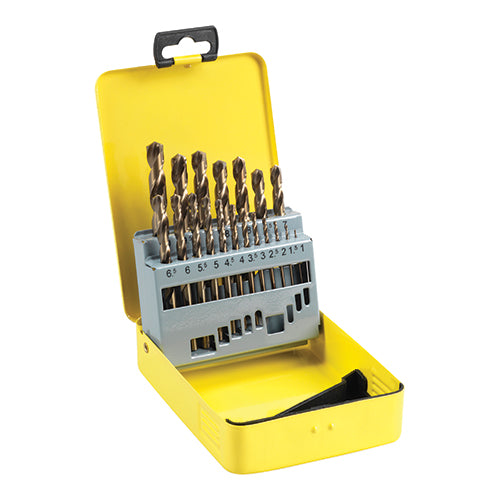 Set of drill bits in a yellow case on a white background