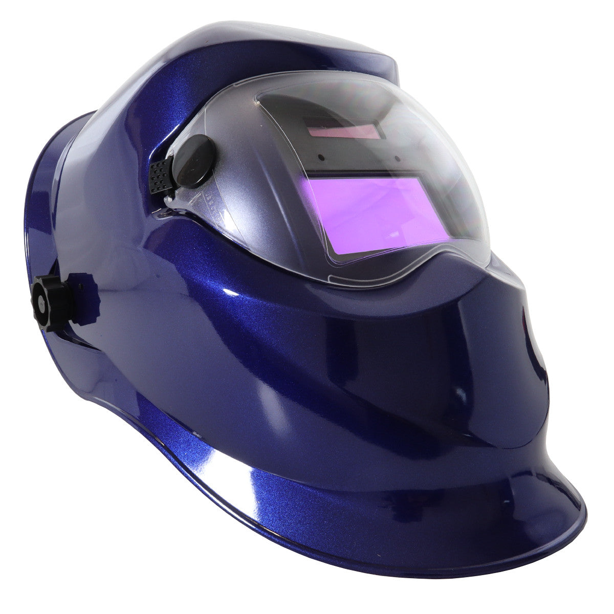 Blue welding helmet with a clear visor on a white background