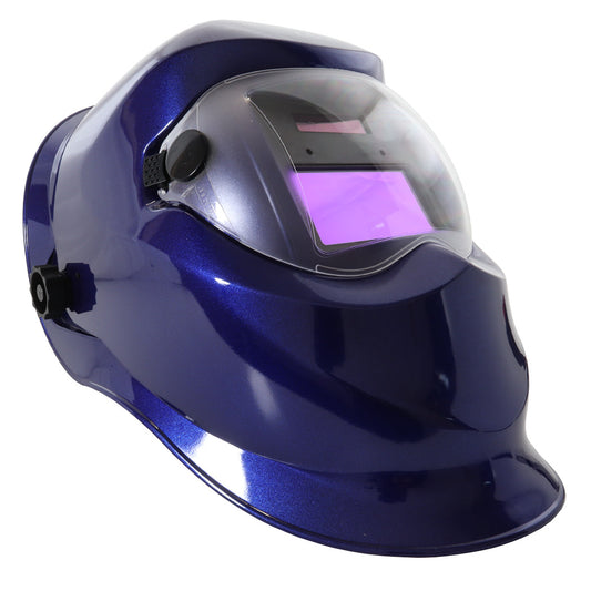 Blue welding helmet with a clear visor on a white background