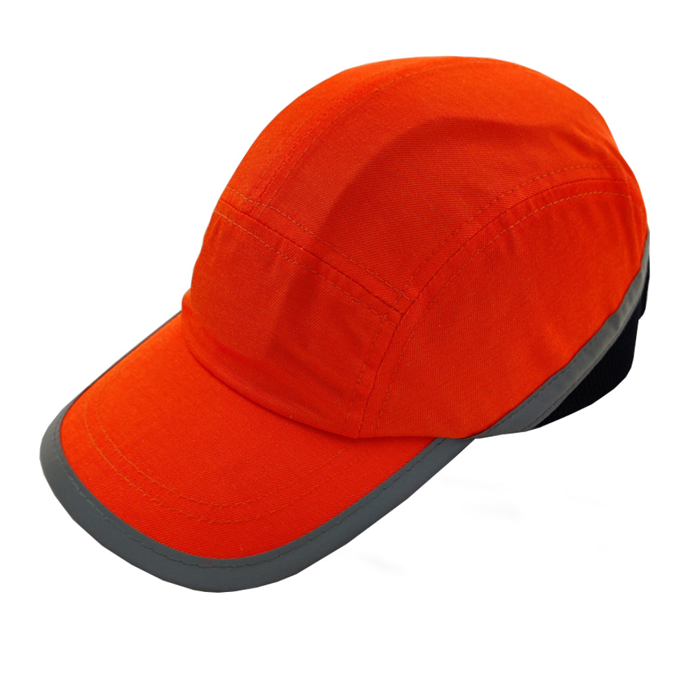 Orange cap with reflective gray trim on a white background