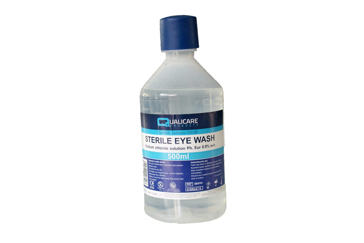 Bottle of sterile eye wash with a blue label on a white background