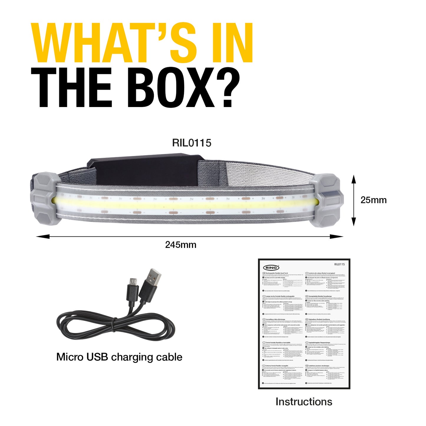 Product packaging with LED light bar, micro USB cable, and instructions on a white background.