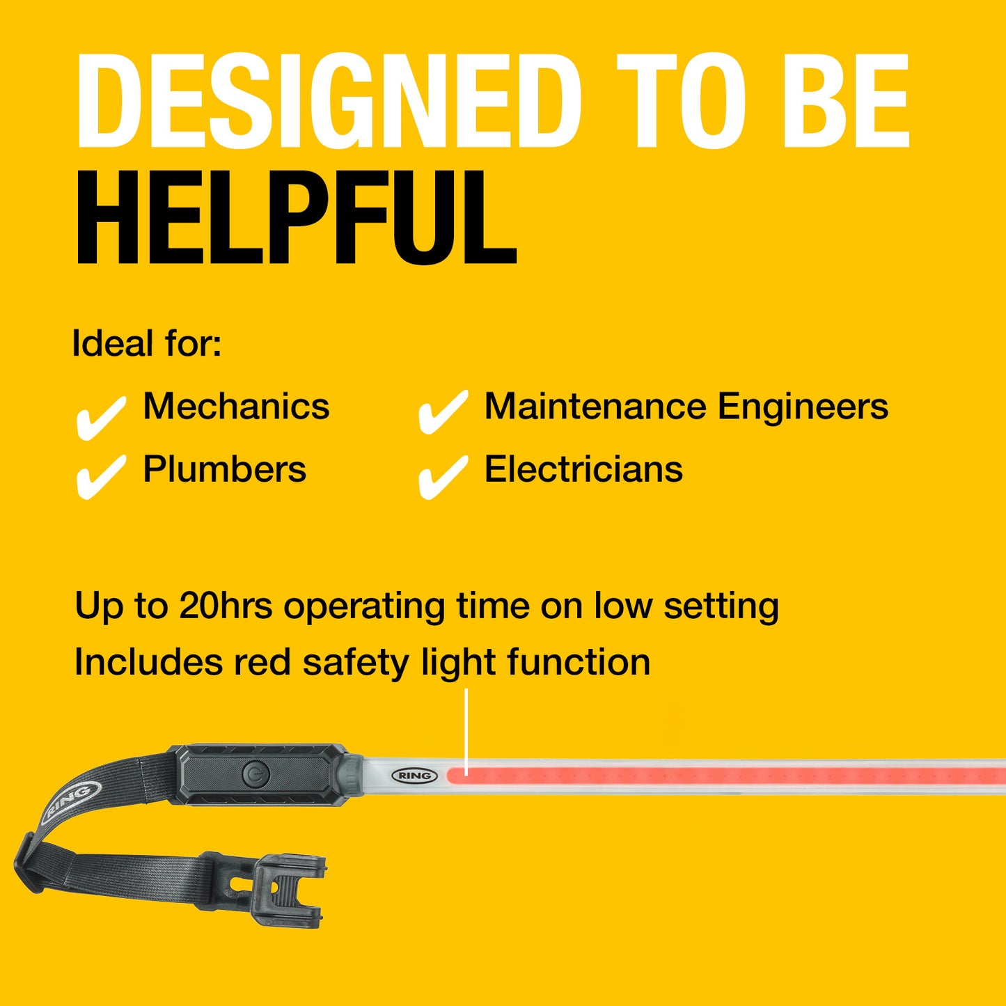 Product advertisement with text 'Designed to be Helpful' on a yellow background, featuring a tool with a red light.