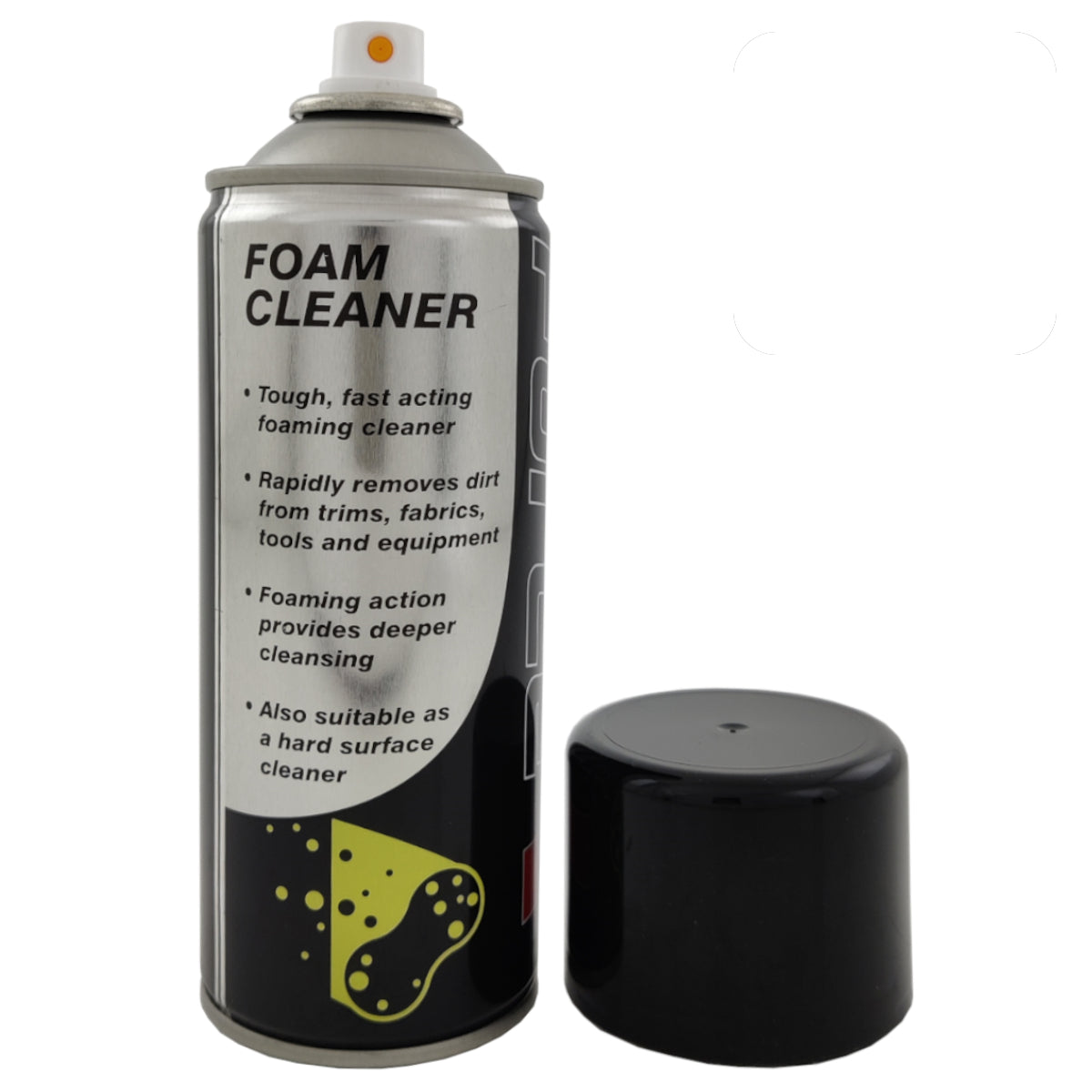 Foam cleaner spray can with black and white label on a white background