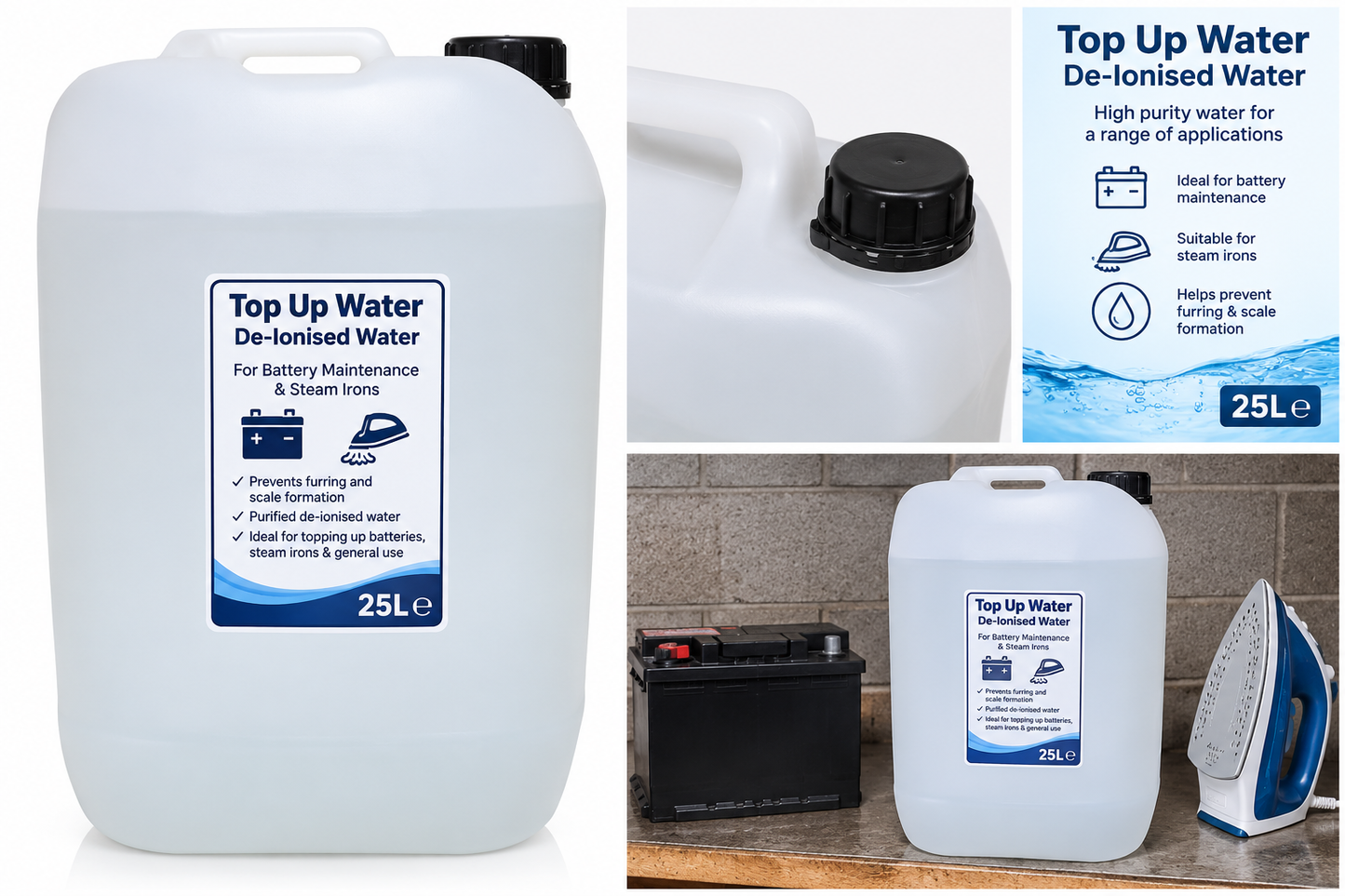 A collage showing a 25L white plastic canister of Top Up Water De-Ionised Water. The left panel shows the front of the container with its blue and white label.