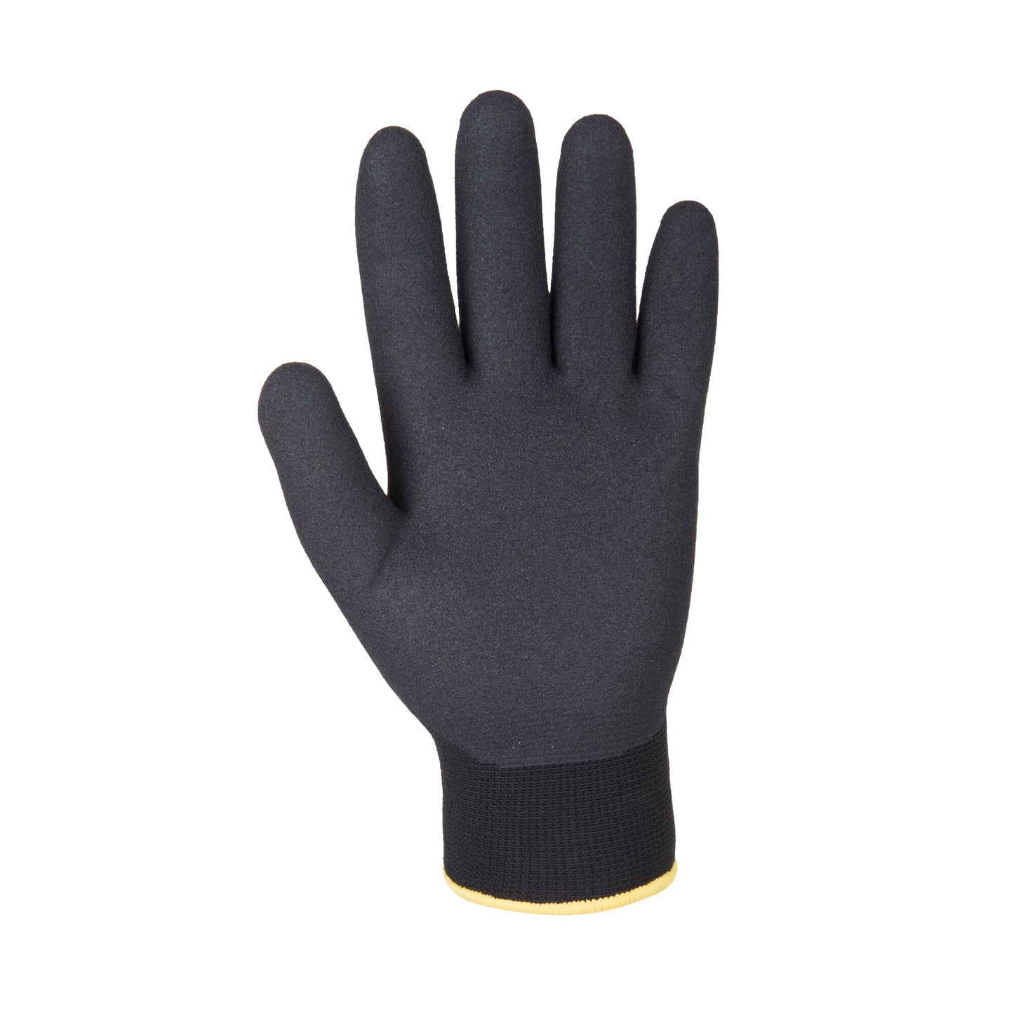 Black glove with yellow cuff on a white background