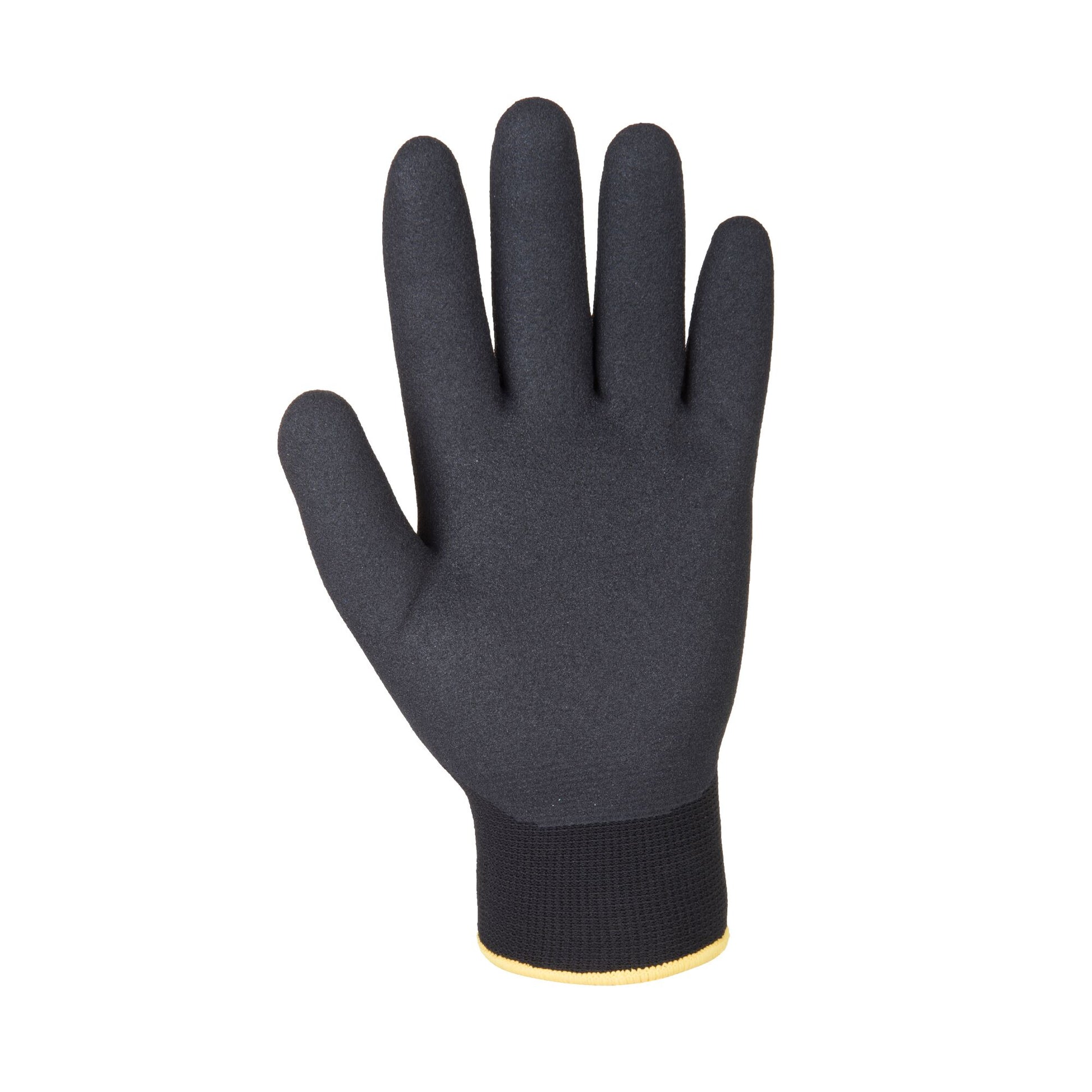 Black glove with yellow cuff on a white background