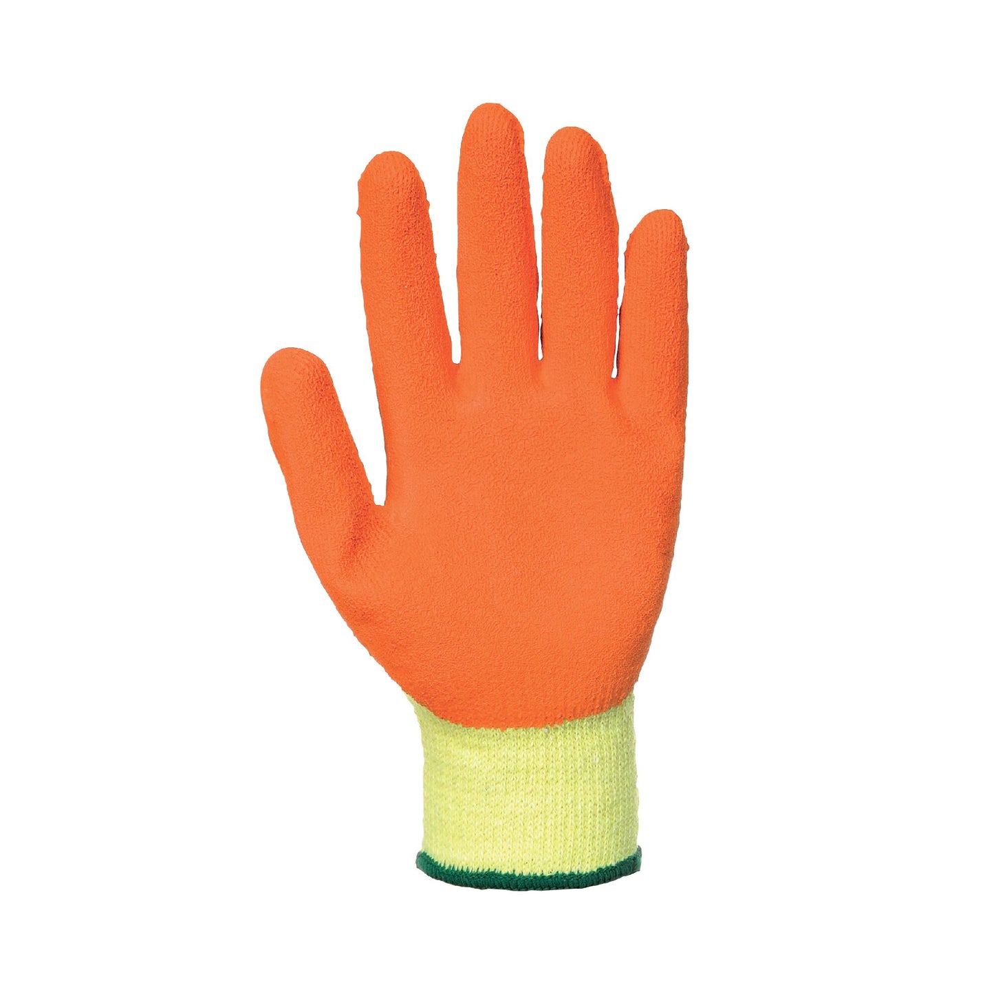 Orange work glove with a green cuff on a white background