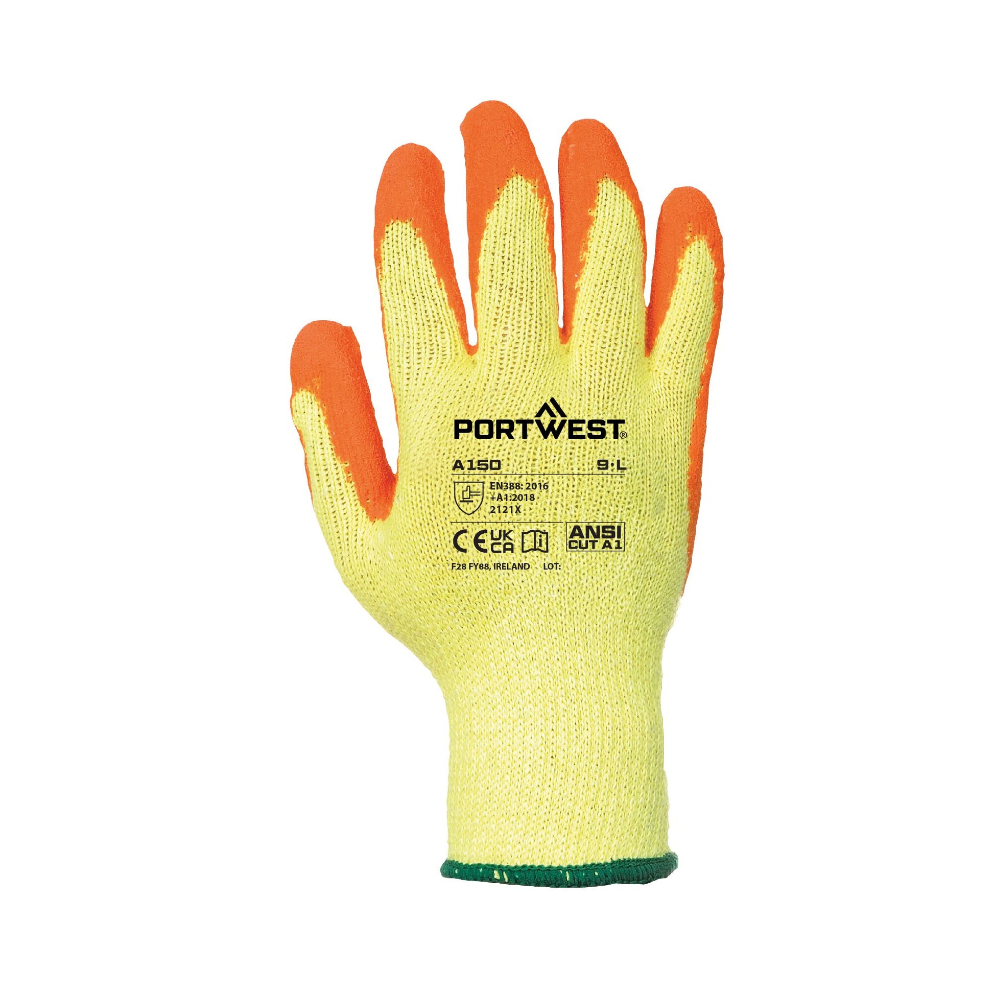 Yellow work glove with orange accents on a white background, featuring the Portwest brand.