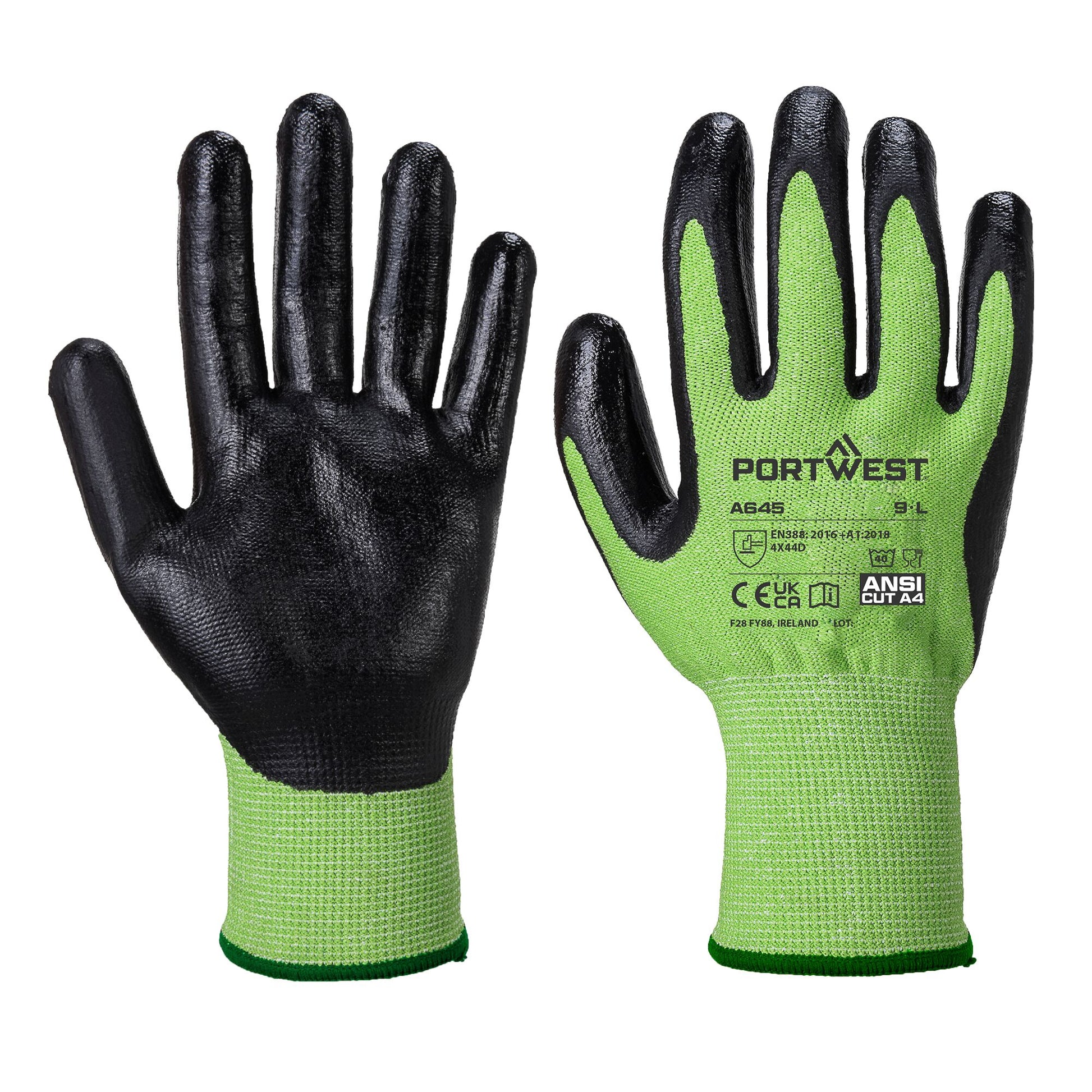 Pair of green and black gloves with 'Portwest' branding on a white background
