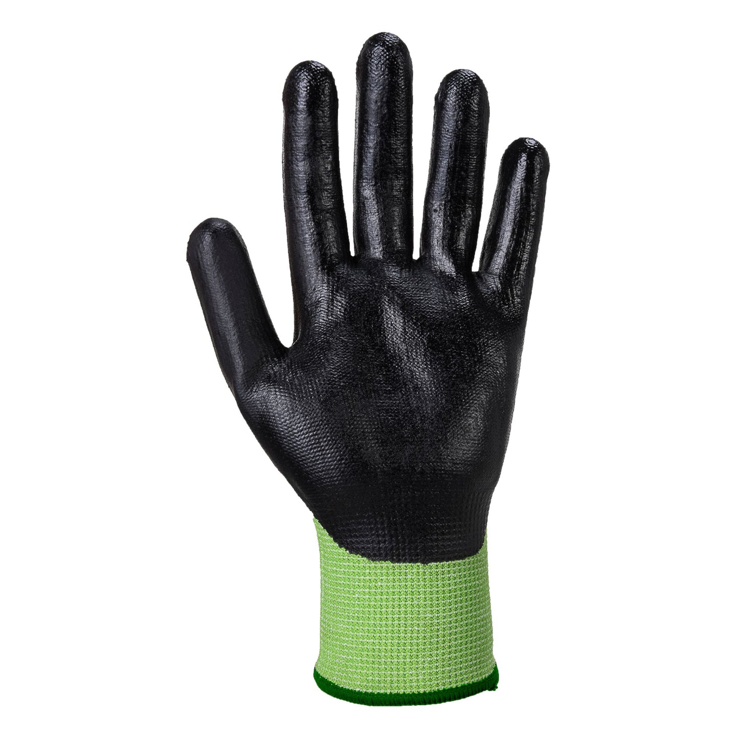 Black glove with green cuff on a white background