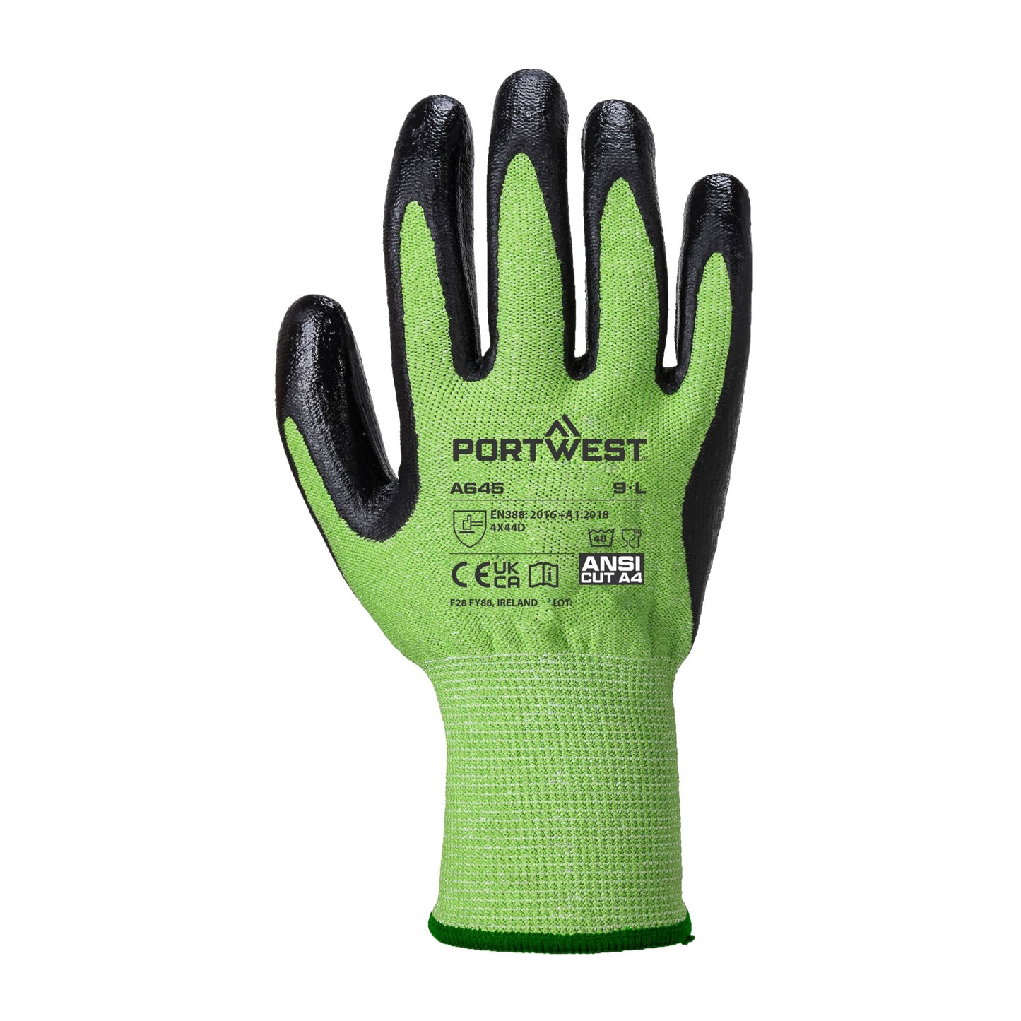 Green work glove with black cuffs on a white background