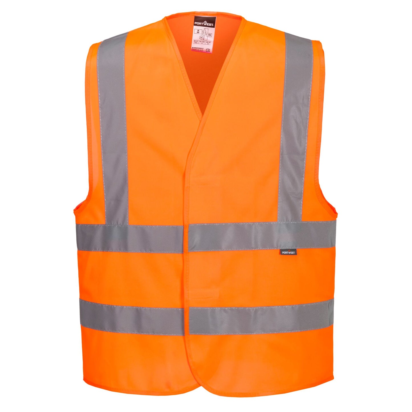 Orange safety vest with reflective stripes on a white background