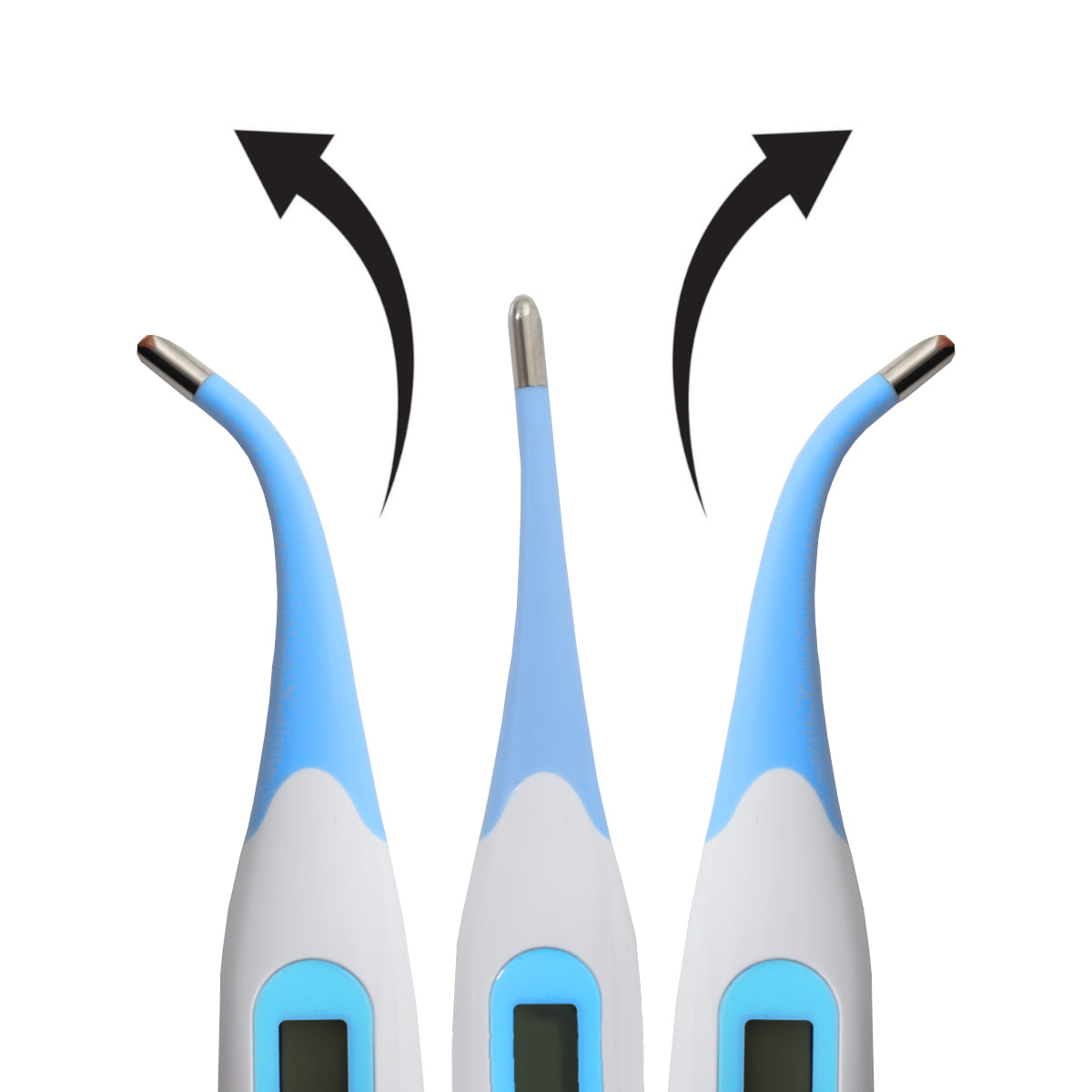 Three electronic thermometers with arrows indicating the direction of use on a white background.