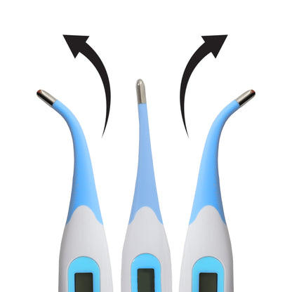 Three electronic thermometers with arrows indicating the direction of use on a white background.