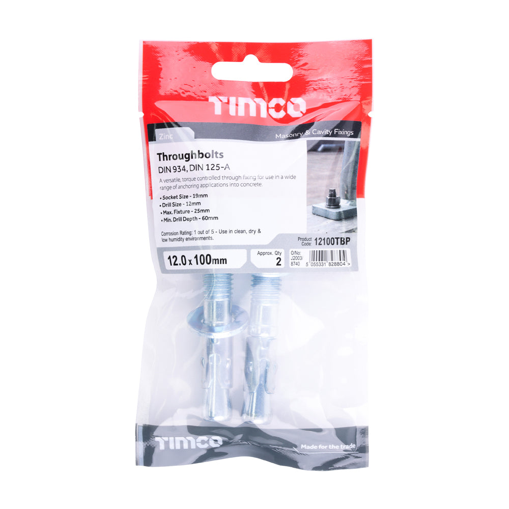 Throughbolts M12 x 100mm Packet of 2
