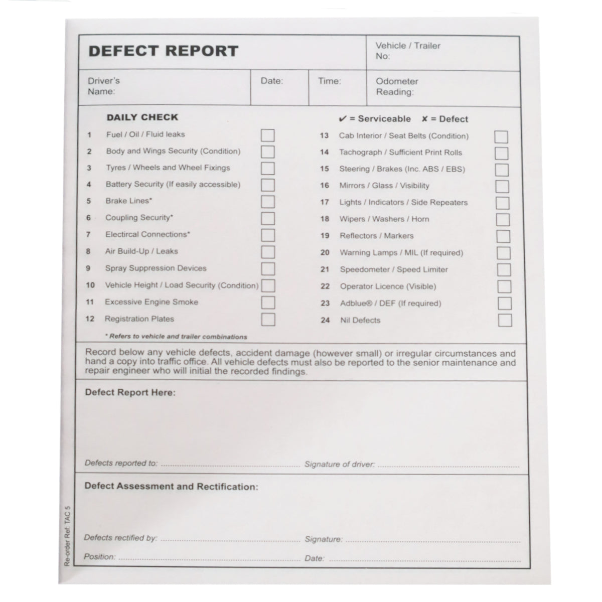 Vehicle Daily Check & Defect Book
