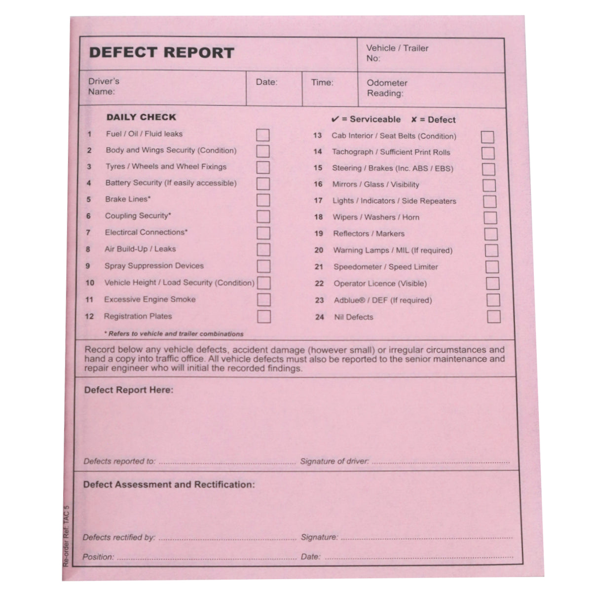 Vehicle Daily Check & Defect Book