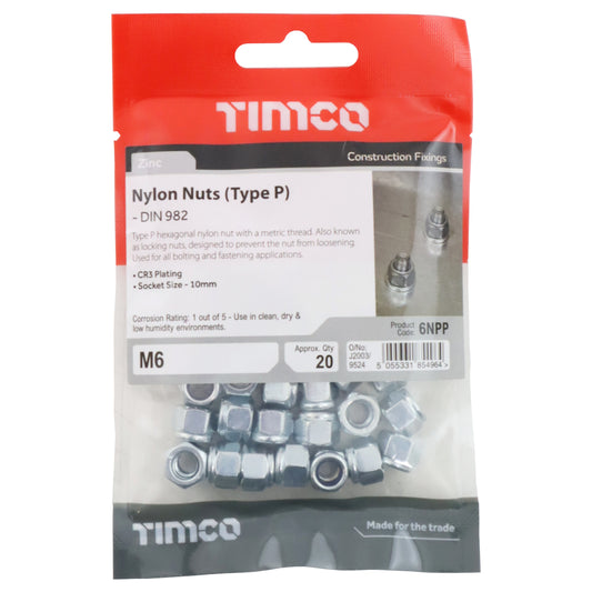 Timco M6 Nylon Locking Nuts (Type P) - Pack of 20