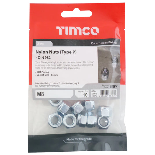 Timco M8 Nylon Locking Nuts (Type P) - Pack of 10