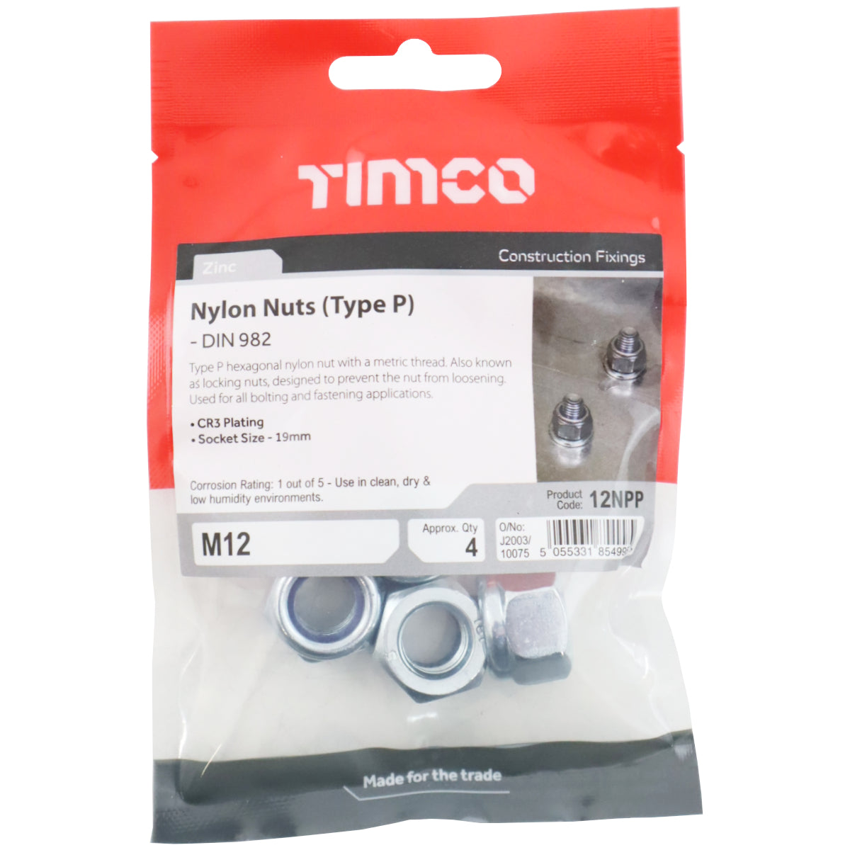 M12 Nylon Locking Nuts (Type P) - Pack of 4